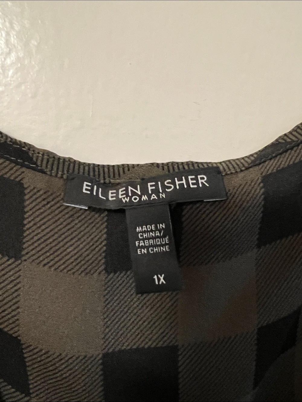 Eileen Fisher Black and Olive Plaid Shift tunic - Picture 2 of 4